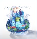  1girl aquarium arm_up bangs blue_kimono blue_nails closed_eyes crescent crying fish floral_print goldfish hair_ornament hakusai_(tiahszld) highres japanese_clothes kimono long_hair long_sleeves nail_polish obi original partially_submerged sash seaweed silver_hair sitting solo star tears water water_drop wide_sleeves yokozuwari 