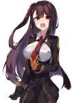  1girl between_breasts cowboy_shot eyebrows eyebrows_visible_through_hair fang ginon_(sjyh3466) girls_frontline gloves hair_between_eyes highres long_hair looking_at_viewer necktie necktie_between_breasts pantyhose purple_hair red_eyes side_ponytail solo wa2000_(girls_frontline) 