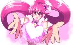  1girl :d absurdres aino_megumi brooch cure_lovely from_above hair_ornament happinesscharge_precure! happy heart heart_hair_ornament highres jersey_68 jewelry long_hair looking_at_viewer matching_hair/eyes open_mouth outstretched_hand pink pink_background pink_eyes pink_hair pink_skirt precure skirt smile solo thigh-highs white_legwear wrist_cuffs 