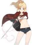  1girl 2l_(2lsize) blonde_hair casual clarent commentary_request fate/apocrypha fate_(series) gluteal_fold green_eyes grin highres holding holding_sword holding_weapon jacket long_hair looking_at_viewer midriff navel ponytail red_jacket saber_of_red short_shorts shorts smile solo sword thigh_gap weapon white_background 