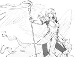  1girl absurdres angel angel_wings arm_armor armor black_eyes boobplate feathered_wings greyscale highres holding holding_weapon huge_filesize leg_armor less long_hair looking_to_the_side monochrome pauldrons simple_background solo staff turtleneck weapon white_background wings 