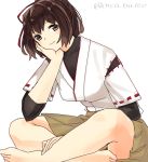  10s 1girl brown_eyes brown_hair hair_ribbon hand_on_own_face indian_style ise_(kantai_collection) japanese_clothes kantai_collection nontraditional_miko ponytail ribbon short_hair simple_background sitting smile solo twitter_username undershirt white_background yamashiki_(orca_buteo) 