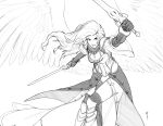  1girl absurdres angel angel_wings armor corset dual_wielding feathered_wings flying gloves greyscale highres leg_armor less long_hair looking_at_viewer monochrome ornate_armor simple_background solo sword thigh-highs weapon white_background wings 