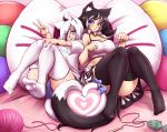  2girls :3 absurdres animal_ears ass bell bell_collar black_hair black_legwear blue_eyes blue_lipstick blue_nails blush breasts cat_ears choker cleavage collar collarbone eyebrows_visible_through_hair eyes_visible_through_hair heart heart_tail heterochromia highres large_breasts lipstick looking_at_viewer makeup mazume midriff multicolored_hair multiple_girls nail_polish original paw_pose shirt short_hair sitting skirt t-shirt thigh-highs two-tone_hair v white_hair white_legwear yellow_eyes 