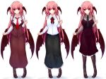 1girl black_dress black_skirt blush breasts clenched_hand collared_shirt commentary_request demon_wings dress full_body green_skirt head_wings koakuma large_breasts light_smile long_hair long_skirt long_sleeves looking_at_viewer necktie pandamonium pantyhose pink_hair pout red_eyes red_necktie shirt simple_background skirt standing touhou variations very_long_hair white_background wing_collar wings 