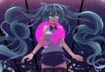  1girl black_legwear black_skirt blue_eyes blue_hair breasts eyebrows_visible_through_hair glowing glowing_eyes hatsune_miku highres hopepe large_breasts long_hair looking_at_viewer parted_lips skirt smile solo thigh-highs twintails vocaloid 