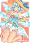  1girl blue_dress blue_eyes blue_hair cirno dress full_body ice ice_wings looking_at_viewer marker_(medium) mugicha_(mugicha0929) one-piece_tan open_mouth panties sandals short_dress smile solo tan tanline tanned_cirno touhou traditional_media twitter_username underwear white_panties wings 