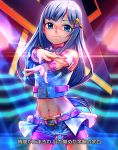  1girl blue_eyes diffraction_spikes dress hair_ornament hairclip idolmaster idolmaster_million_live! idolmaster_million_live!_theater_days long_hair looking_at_viewer lyrics midriff navel outstretched_arms randle shiraishi_tsumugi silver_hair solo translation_request 