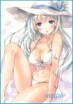  1girl bangs bikini blue_eyes blue_hair blush breasts cleavage collarbone colored_pencil_(medium) eyebrows_visible_through_hair front-tie_bikini front-tie_top hat knee_up large_breasts long_hair looking_at_viewer marker_(medium) open_mouth original parted_lips potto sample sitting smile solo sun_hat swimsuit teeth thighs traditional_media white_bikini 