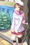  1girl black_legwear blush boots brown_hair character_request coat copyright_request highres hopepe knee_boots medium_hair parted_lips pink_scarf pink_skirt scarf skirt snow snowing solo thigh-highs white_boots white_coat winter_clothes winter_coat 