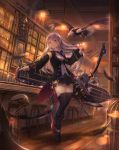  1girl animal azur_lane bangs bar bar_stool bell bird birdcage black_coat black_footwear black_skirt blue_neckwear boots bottle bow_(weapon) cage ceiling_light clock clothed_animal coat cup delphi_(ga2006230312) detached_sleeves drinking_glass eagle enterprise_(azur_lane) feathers flight_deck full_body hat hat_removed headwear_removed holding holding_drinking_glass indoors lens_flare light_particles long_hair long_sleeves looking_to_the_side miniskirt necktie open_clothes open_coat orange_eyes peaked_cap shelf silver_hair skirt standing stool thigh-highs thigh_boots very_long_hair weapon white_hat wooden_floor zettai_ryouiki 