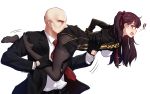  !! 1boy 1girl agent_47 aiming bald black_dress black_gloves black_jacket black_legwear black_pants braid breasts collared_shirt commentary_request covering covering_crotch dress embarrassed expressionless formal from_side girls_frontline gloves hair_ribbon hand_on_another&#039;s_stomach highres hitman_(game) jacket long_hair long_sleeves narynn necktie one_side_up open_mouth pants pantyhose purple_hair red_eyes red_necktie red_ribbon ribbon shirt simple_background suit tears thighband_pantyhose twintails wa2000_(girls_frontline) white_background white_shirt 
