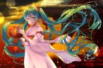  1girl animal_ears aqua_eyes aqua_hair commentary_request fox_ears hatsune_miku highres holding japanese_clothes kimono long_hair looking_at_viewer solo thick_eyebrows very_long_hair vocaloid wide_sleeves yoridoriyk 