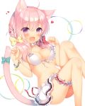  1girl :d animal_ears bikini bikini_skirt blush bow bracelet breasts cat_ears cat_tail commentary eyebrows_visible_through_hair eyes_visible_through_hair front-tie_bikini front-tie_top garters hair_bow heart jewelry long_hair looking_at_viewer medium_breasts navel open_mouth original paw_pose pink_hair sazaki_ichiri smile solo swimsuit tail tail_bow violet_eyes 
