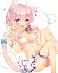  1girl :d animal_ears bikini bikini_skirt blush bow bracelet breasts cat_ears cat_tail commentary eyebrows_visible_through_hair eyes_visible_through_hair front-tie_bikini front-tie_top garters hair_bow heart jewelry long_hair looking_at_viewer medium_breasts navel open_mouth original paw_pose pink_hair sazaki_ichiri smile solo swimsuit tail tail_bow violet_eyes 