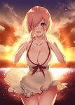  1girl :d backlighting bare_shoulders breasts casual_one-piece_swimsuit cleavage clouds cloudy_sky collarbone cowboy_shot fate/grand_order fate_(series) gluteal_fold hair_over_one_eye halterneck hand_to_own_mouth highres horizon large_breasts looking_at_viewer one-piece_swimsuit open_mouth outdoors pantsu_(lootttyyyy) pink_hair shielder_(fate/grand_order) short_hair sky smile solo sunset swimsuit violet_eyes white_swimsuit 