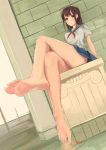  1girl barefoot blush breasts brown_eyes brown_hair feet fish highres legs_crossed long_hair looking_at_viewer medium_breasts original pov_feet ripples rure school_uniform serafuku sitting smile soles solo toes 