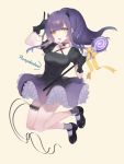  +_+ 1girl :d alternate_color black_gloves black_shoes candy character_name dress food frilled_dress frills full_body gloves grey_legwear hand_up highres horns index_finger_raised lollipop looking_at_viewer open_mouth personification pokemon pumpkaboo purple_dress purple_hair shi_(3699678) shiny_pokemon shoes smile socks solo thigh_strap yellow_eyes 