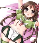  10s 1girl amagi_(kantai_collection) boots breasts brown_eyes brown_hair flower hair_between_eyes hair_flower hair_ornament kantai_collection large_breasts leaf_hair_ornament long_hair looking_at_viewer lying midriff mole mole_under_eye open_mouth ponytail shiraishi_mamim skirt solo thigh-highs thigh_boots 