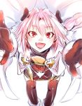  1boy \o/ arms_up black_legwear blush braid cape fang fate/apocrypha fate/grand_order fate_(series) hair_ribbon hikizan long_hair looking_at_viewer open_mouth outstretched_arms pink_hair red_eyes ribbon rider_of_black single_braid smile solo thigh-highs trap 