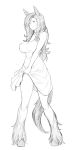  1girl absurdres breasts dress fur greyscale highres holding_dress hooves large_breasts legs_apart less looking_at_viewer monochrome monster_girl simple_background slit_pupils solo standing tail thighs white_background 