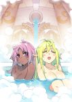  2girls :d antenna_hair bathing blush_stickers breasts chloe_(elsword) closed_eyes dark_skin elsword facial_mark fisheye green_hair hair_between_eyes highres indoors large_breasts multiple_girls nude octoman open_mouth partially_submerged pillar pink_eyes pink_hair pointy_ears rena_(elsword) smile steam sweatdrop 