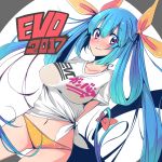  1girl 2017 alternate_costume arms_behind_head blue_hair blush breasts closed_mouth clothes_writing dizzy guilty_gear guilty_gear_xrd hair_ribbon highres iguana_henshuu-chou long_hair looking_to_the_side medium_breasts navel no_wings pink_eyes ribbon shirt short_sleeves solo t-shirt tail tail_ribbon very_long_hair white_background yellow_ribbon 