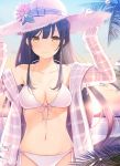  1girl 6u_(eternal_land) bikini black_hair breasts brown_eyes collarbone front-tie_bikini front-tie_top halterneck hat long_hair looking_at_viewer medium_breasts navel off_shoulder outdoors side-tie_bikini sidelocks smile solo straw_hat sun_hat sunset swimsuit water_drop white_bikini 