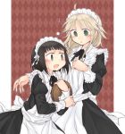  2girls apron argyle argyle_background black_hair blonde_hair braid green_eyes height_difference maid maid_apron maid_headdress multiple_girls original puffy_sleeves sasa_you_aoi tray 