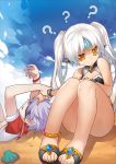  1boy 1girl ? add_(elsword) alternate_costume alternate_hairstyle anklet elsword eve_(elsword) eyepatch facial_mark feet hand_on_another&#039;s_head jewelry octoman open_mouth outdoors sand sandals seashell shell sweatdrop swimsuit toes twintails white_hair yellow_eyes 