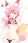  1girl ;q animal_ears arm_up armpits bangs bikini blue_bikini breasts butterfly cleavage commentary_request cowboy_shot eyebrows_visible_through_hair fate_(series) fox_ears fox_tail groin hair_between_eyes highres massala navel one_eye_closed pink_hair side-tie_bikini small_breasts solo star stomach swimsuit tail tamamo_(fate)_(all) tamamo_no_mae_(swimsuit_lancer)_(fate) tongue tongue_out white_background wristband yellow_eyes 