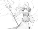  1girl absurdres angel angel_wings armor collar corset feathered_wings floating_hair greyscale highres holding holding_weapon huge_filesize lance less long_hair long_skirt long_sleeves looking_at_viewer monochrome no_bra no_pupils pauldrons polearm signature simple_background skirt solo standing weapon white_background wings 