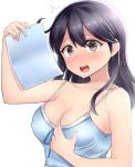  /\/\/\ 10s 1girl alternate_costume bare_shoulders black_hair blush breasts brown_eyes cleavage collarbone erect_nipples hair_between_eyes highres kantai_collection long_hair medium_breasts neit_ni_sei open_mouth simple_background solo sweat teeth upper_body ushio_(kantai_collection) white_background 