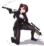  &gt;:o 1girl :o bangs black_boots black_gloves boots braid breasts bullpup cropped_jacket girls_frontline gloves gun hair_ribbon handgun highres holding holding_gun holding_weapon kneeling long_hair long_sleeves medium_breasts military military_uniform narynn one_knee one_side_up pantyhose pistol purple_hair purple_ribbon red_eyes ribbon rifle shadow shell_casing simple_background sniper_rifle solo suppressor thighs uniform wa2000_(girls_frontline) walther walther_p99 walther_wa_2000 weapon white_background 