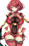  1girl arms_behind_back blush breasts circlet cowboy_shot curvy earrings fingerless_gloves from_behind gloves highres pyra_(xenoblade) jewelry large_breasts looking_at_viewer nuezou red_eyes red_legwear redhead short_hair short_shorts shorts simple_background skindentation smile solo thick_thighs thigh-highs thigh_gap thighs tiara white_background wide_hips xenoblade xenoblade_2 
