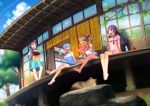  4girls barefoot blue_eyes blue_hair cat commentary_request day dress food fruit hime_cut long_hair multiple_girls open_mouth original outdoors ponytail purple_hair ramune shirt short_hair sitting standing tan tanline tied_shirt very_short_hair violet_eyes watermelon yoridoriyk 