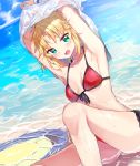  1girl bikini blonde_hair breasts dutch_angle fate/apocrypha fate/grand_order fate_(series) front-tie_top green_eyes highres long_hair looking_at_viewer mordred_(swimsuit_rider)_(fate) ponytail red_bikini saber_of_red side-tie_bikini sitting small_breasts solo swimsuit undressing water yuunagi_komo 