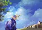  armor bird blonde_hair blue_eyes blue_sky clouds day fantasy gauntlets helmet highres horseback_riding knight long_hair looking_to_the_side original outdoors reins riding saddle silversnow sky solo tree 