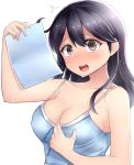  /\/\/\ 10s 1girl ahoge alternate_costume bare_shoulders black_hair blush breasts brown_eyes cleavage collarbone commentary_request erect_nipples fanning_self hair_between_eyes highres holding holding_paper hot kantai_collection long_hair looking_at_viewer medium_breasts neit_ni_sei open_mouth paper simple_background solo surprised sweat sweating teeth upper_body ushio_(kantai_collection) white_background 