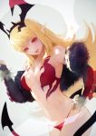  1girl bare_shoulders bikini_bottom blonde_hair breasts demon_tail elbow_gloves gloves head_wings lord_of_vermilion_iii milia_(lord_of_vermilion) navel nido_celisius pointy_ears red_eyes solo tail 