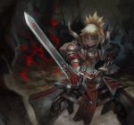  1girl armor armored_boots blonde_hair blush boots breastplate clarent fate/apocrypha fate_(series) faulds gauntlets green_eyes grin hair_ornament hair_scrunchie holding holding_weapon looking_at_viewer pauldrons ponytail saber_of_red scrunchie smile solo standing sword teeth visqi weapon 