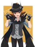 1boy 1girl black_gloves black_headwear black_scarf blush brown_eyes brown_hair claw_pose collared_shirt cowboy_shot fang gloves hat highres hilbert_(fall_2020)_(pokemon) hilbert_(pokemon) jewelry looking_at_viewer male_focus necklace official_alternate_costume po_posan pokemon pokemon_(game) pokemon_masters_ex scarf shirt simple_background skin_fang smile solo vest