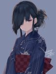  10s 1girl black_hair brown_eyes checkered dated hair_over_one_eye hayashimo_(kantai_collection) japanese_clothes kantai_collection kimono long_hair long_sleeves looking_at_viewer obi rokuwata_tomoe sash sidelocks simple_background solo twitter_username upper_body yukata 