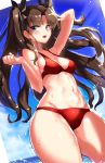  1girl bikini black_hair blue_eyes breasts cowboy_shot fate/stay_night fate_(series) highres long_hair medium_breasts navel open_mouth red_bikini solo splashing suurin_(ksyaro) swimsuit thick_thighs thighs tohsaka_rin twintails two_side_up 