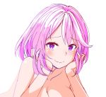  1girl bangs blush breasts cleavage closed_mouth collarbone eyebrows_visible_through_hair hands_on_own_cheeks hands_on_own_face large_breasts looking_at_viewer nude original pink_eyes pink_hair simple_background sketch smile solo white_background zaxwu 