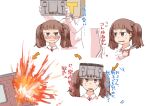  10s 1boy 1girl admiral_(kantai_collection) alternate_hairstyle bag_on_head bangs blunt_bangs blush brown_eyes brown_hair commentary_request enjaku_izuku explosion fang highres kantai_collection mirror ryuujou_(kantai_collection) scissors sweatdrop translation_request twintails 