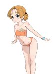  1girl bangs bare_shoulders bikini black_bow blue_eyes bow braid breasts closed_mouth eyebrows_visible_through_hair girls_und_panzer hair_bow leaning_forward light_frown looking_at_viewer orange_bikini orange_hair orange_pekoe short_hair simple_background small_breasts solo standing strapless strapless_bikini swimsuit tied_hair twin_braids wata_do_chinkuru white_background wristband 