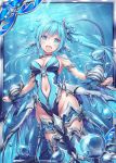  1girl akkijin aqua_eyes aqua_hair bodysuit bubble card coral gauntlets hair_ornament ice_crystal jewelry leviathan_(shinkai_no_valkyrie) looking_at_viewer monster_girl necklace open_mouth shinkai_no_valkyrie smile solo swimsuit tail underwater 