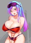  &gt;:o 1girl :o bangs blue_hair blush breasts cleavage collarbone cowboy_shot erect_nipples eyebrows_visible_through_hair gradient_hair grey_background large_breasts long_hair looking_at_viewer mask mask_on_head multicolored_hair navel open_mouth original purple_hair simple_background sleep_mask solo teeth thighs trembling two_side_up zaxwu 