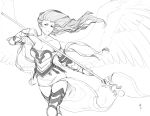  1girl absurdres angel angel_wings arm_armor armor armpit_peek black_eyes breasts collarbone corset feathered_wings floating_hair greyscale highres holding holding_weapon leg_armor less long_hair looking_at_viewer monochrome no_bra simple_background skirt solo staff weapon white_background wings 